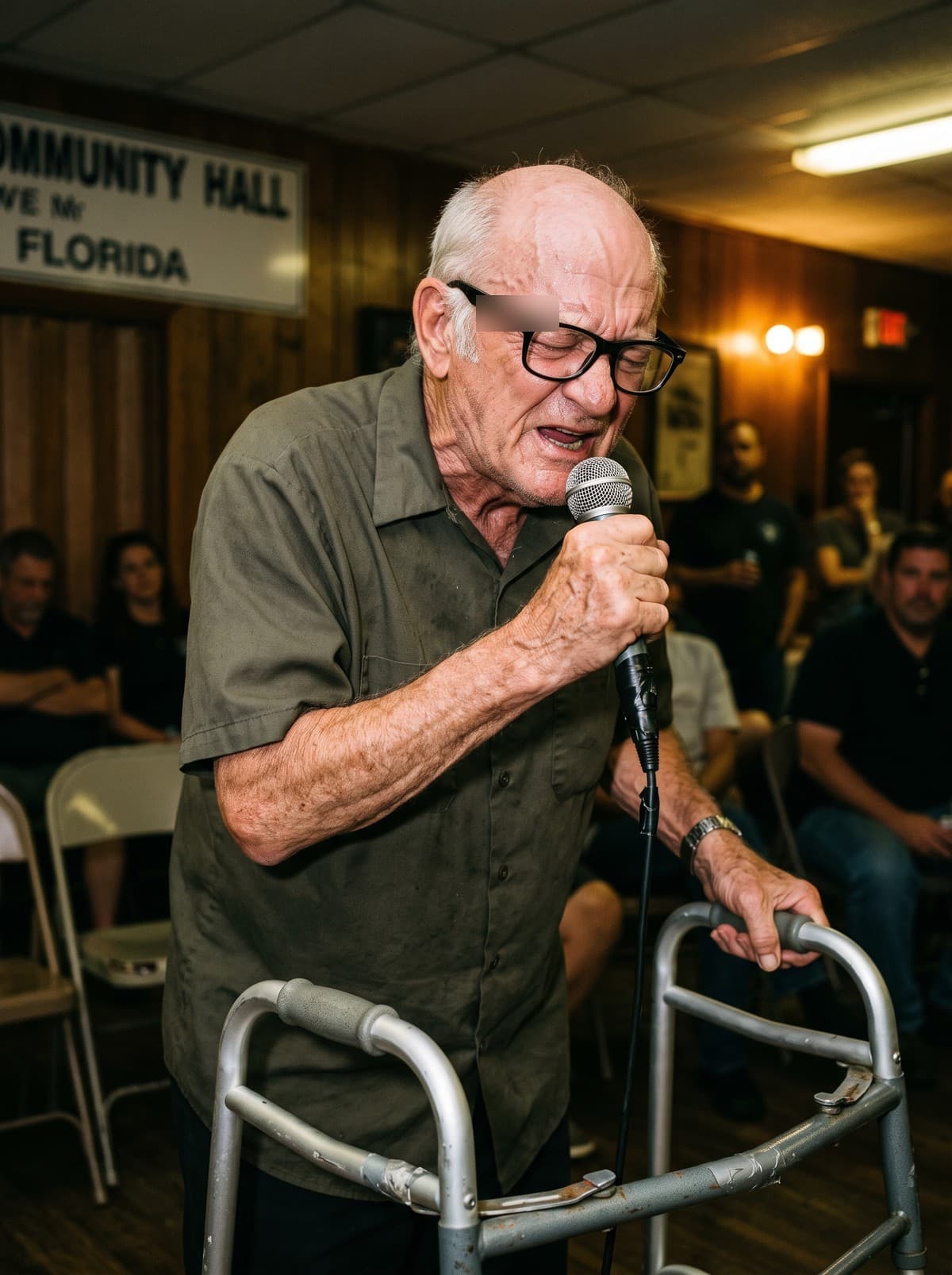 Earl Pittman, eyes shut, singing into a microphone taped to an aluminum walker in a wood-panelled community hall