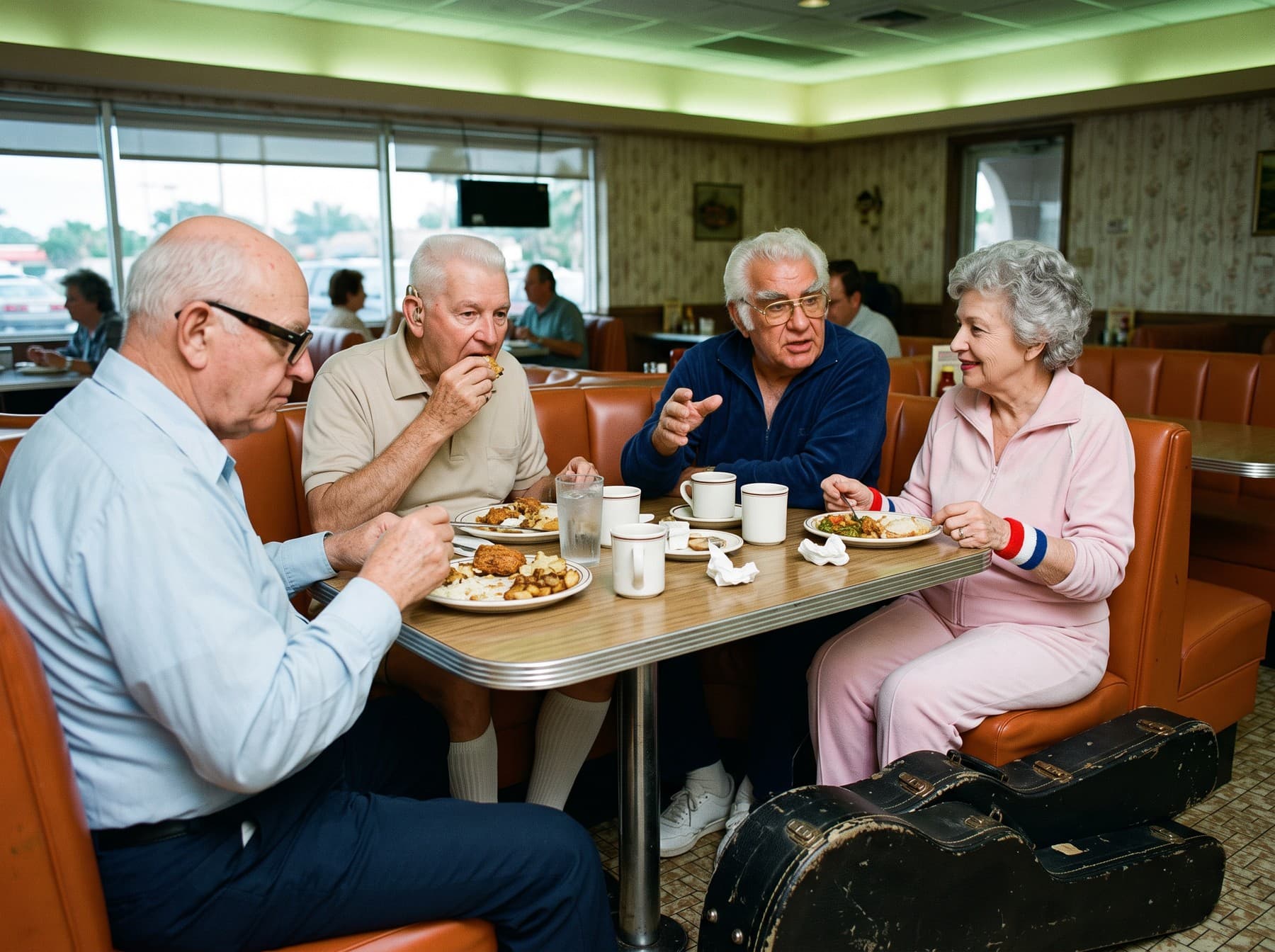 The four band members eating breakfast in an orange diner booth, two instrument cases on the floor