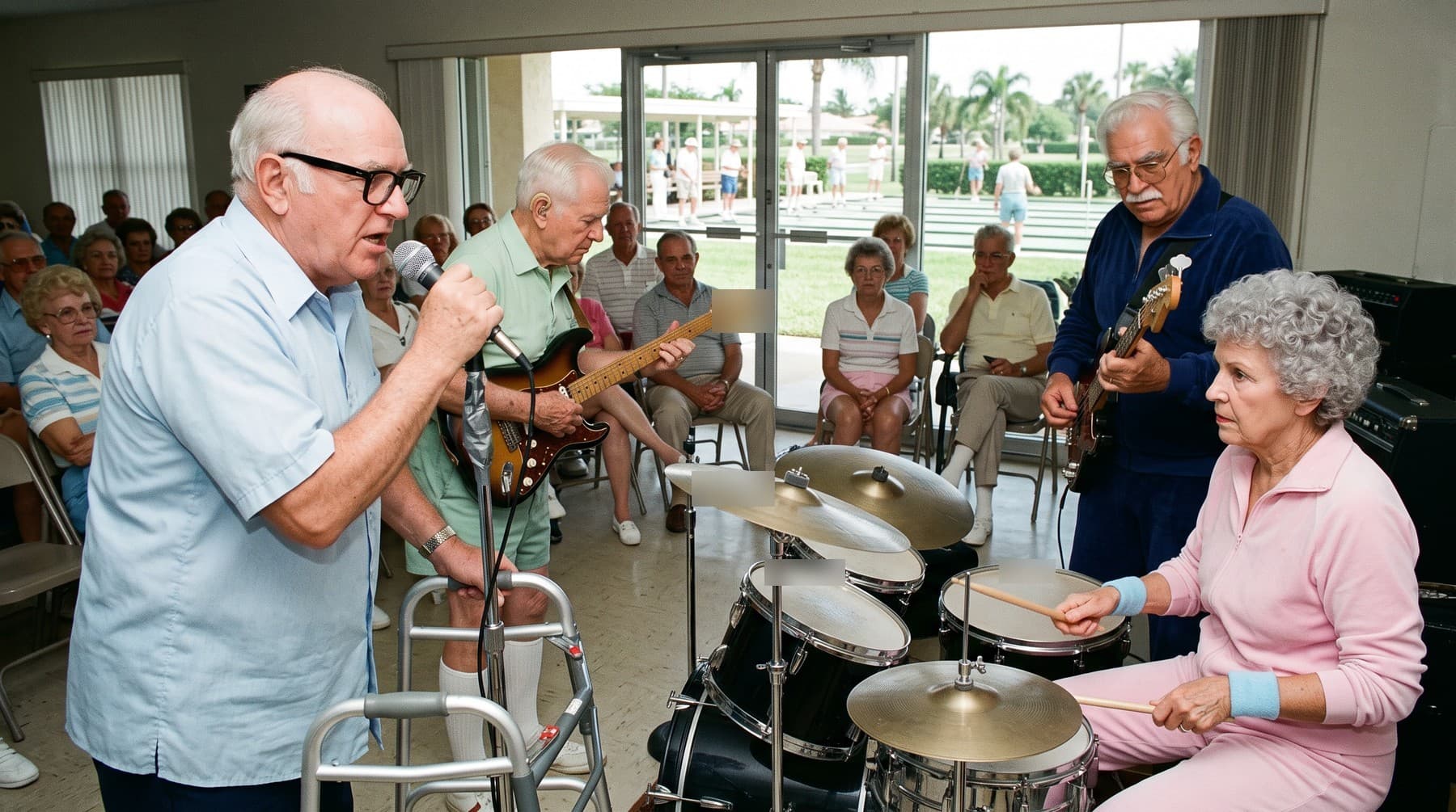 An older man sings into a microphone taped to a walker while a guitarist, a bassist and a woman on drums play to rows of residents on folding chairs in a clubhouse rec room