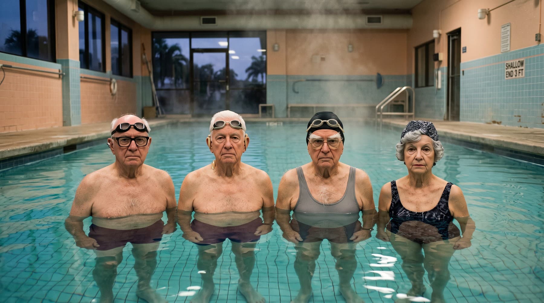Four older swimmers in goggles and caps standing in a row in a pool at dawn, steam on the water