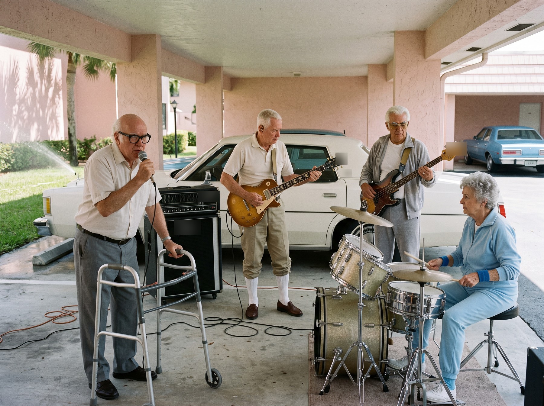 The four-piece band rehearsing under a pink stucco carport beside a parked white sedan